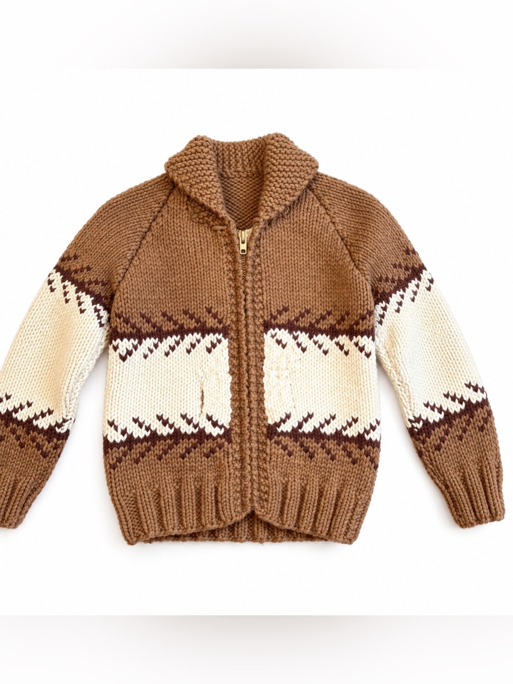 VINTAGE!! KIDS/CHILD'S Brown & Cream Chunky Wool Cardigan Zip-Up Knit Sweater